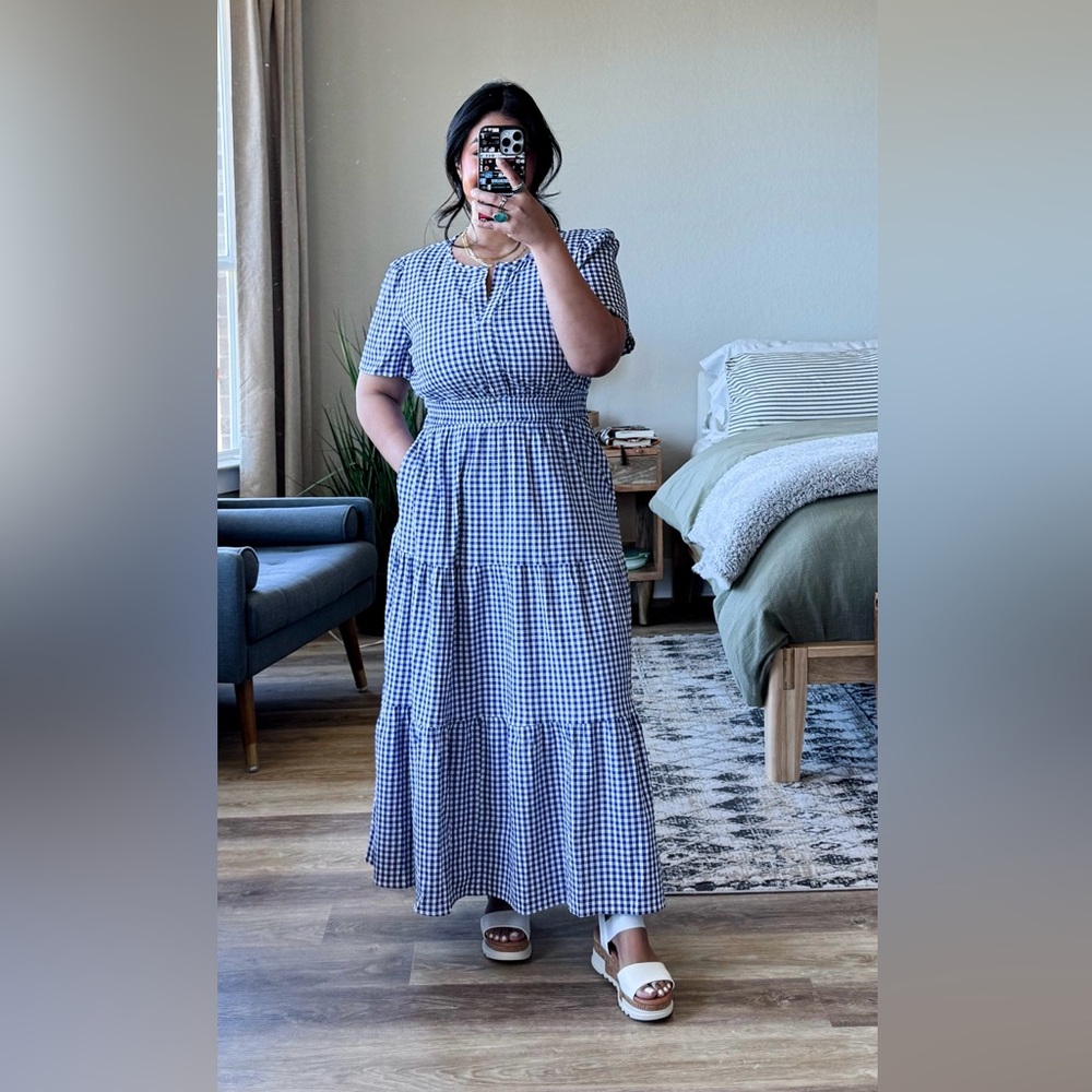 Gingham Dress, Short Sleeve, Maxi Long Dress
